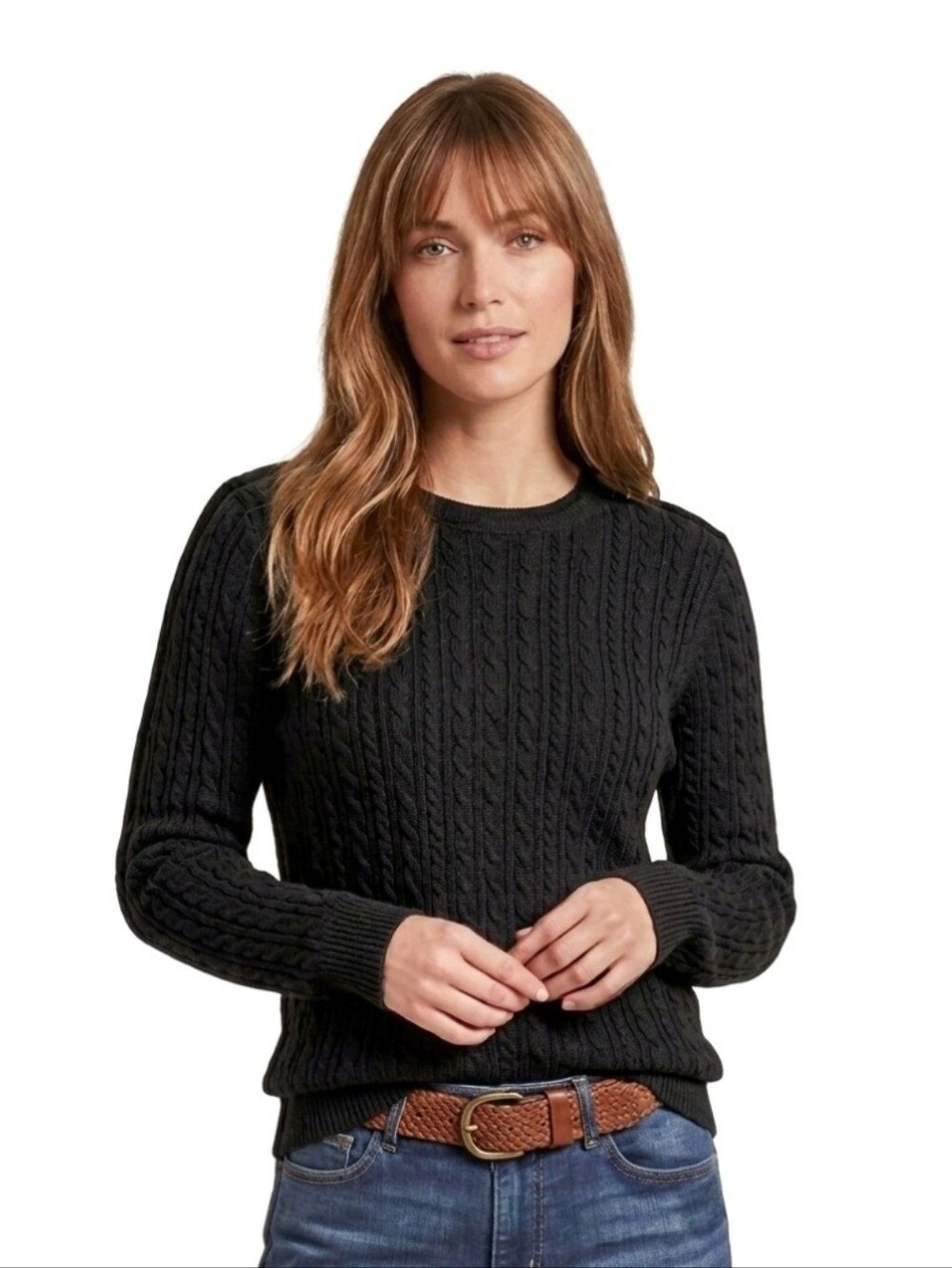 Lands End Womens 2-Ply Cozy Cashmere Cable Crew Neck Sweater Size M Black
